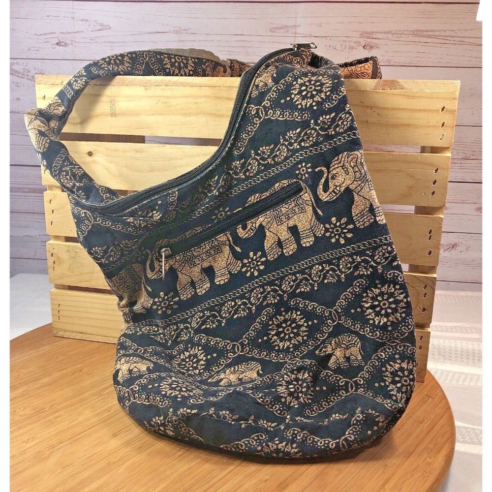 Elephant Floral Print Long Hobo Bag Womens Black Brown shoulder over body Purse